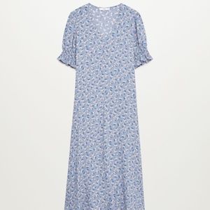 Flowy Blue Flower Printed Viscose Dress with self tie